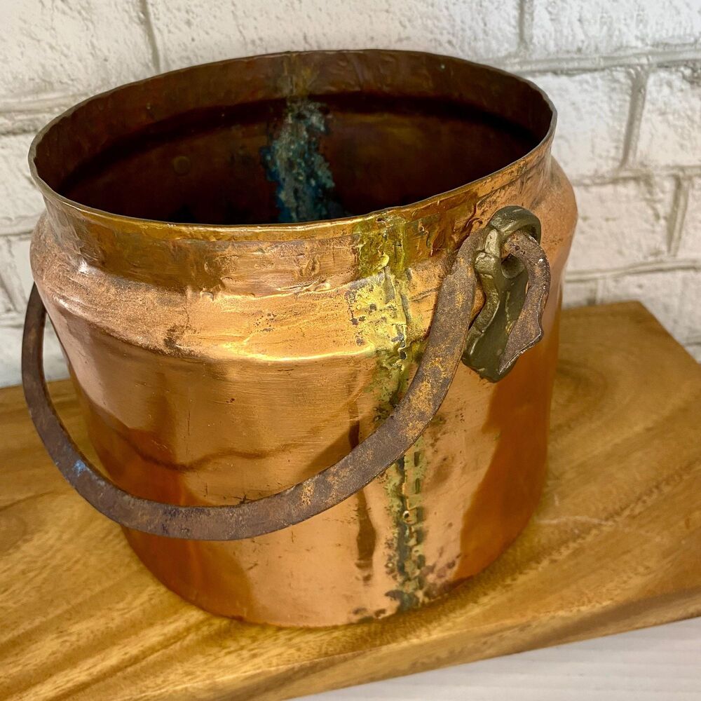 Antique 19thC Hand Hammered Copper Cauldron Pot Dovetailed Seam Iron Handle